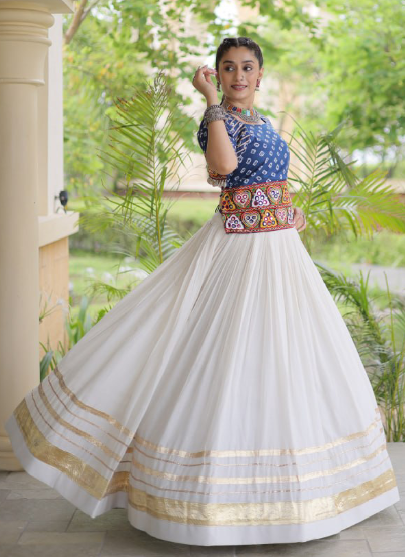 Fully Stitched Blue Cotton Bandhani Printed Embroidered Lehenga Choli