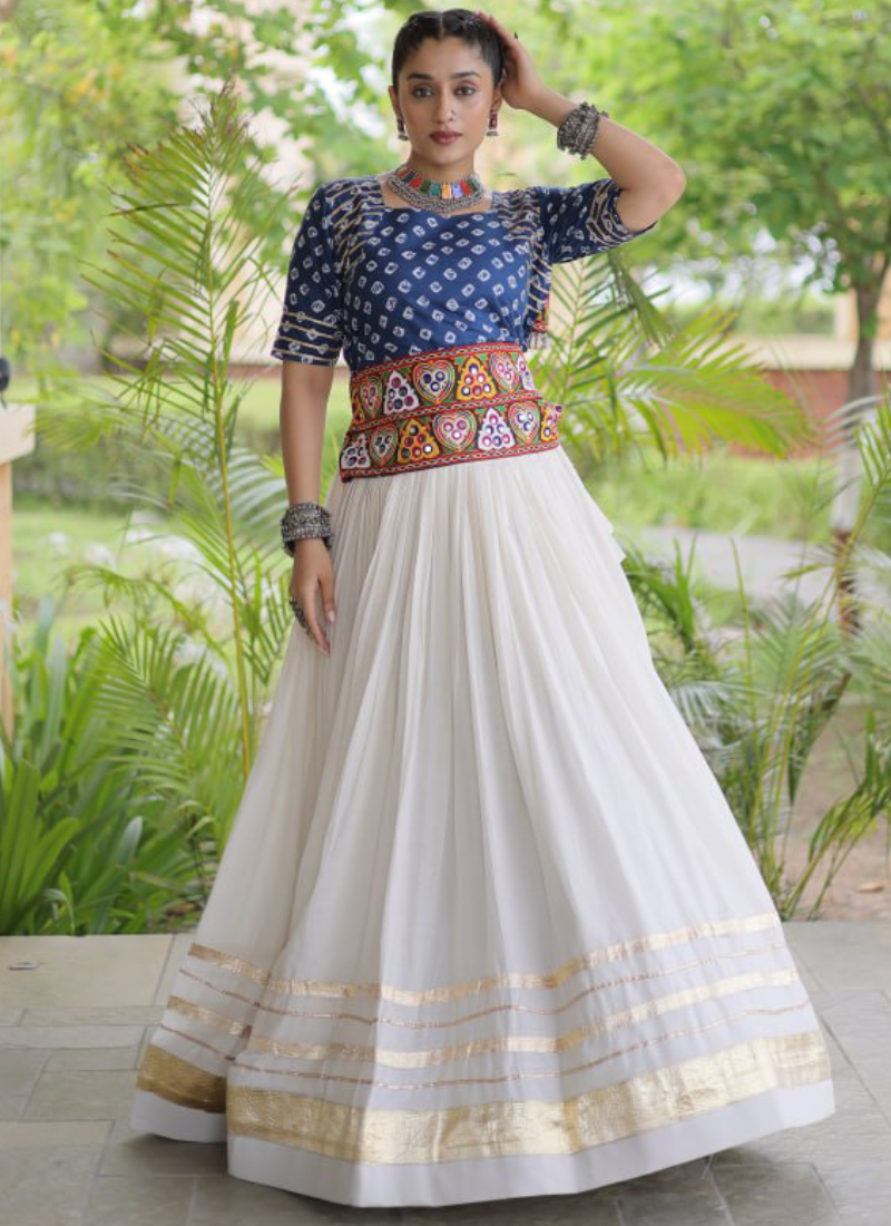 Fully Stitched Blue Cotton Bandhani Printed Embroidered Lehenga Choli