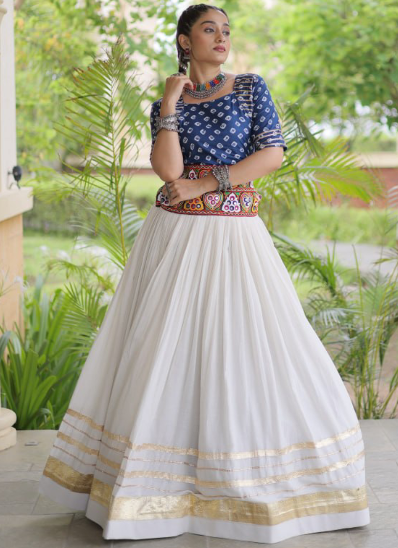 Fully Stitched Blue Cotton Bandhani Printed Embroidered Lehenga Choli