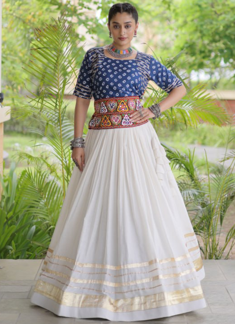 Fully Stitched Blue Cotton Bandhani Printed Embroidered Lehenga Choli