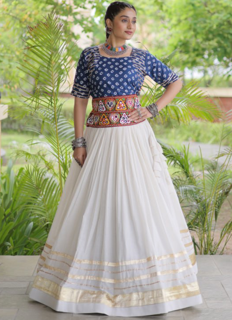 Fully Stitched Blue Cotton Bandhani Printed Embroidered Lehenga Choli