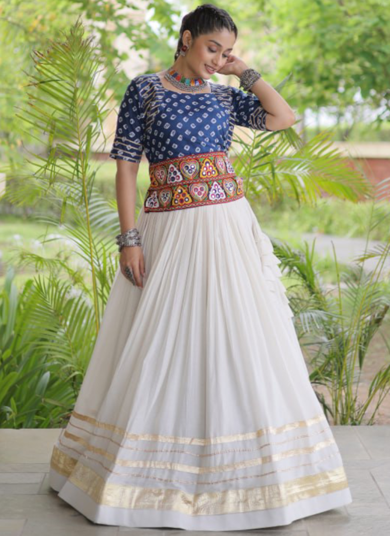 Fully Stitched Blue Cotton Bandhani Printed Embroidered Lehenga Choli