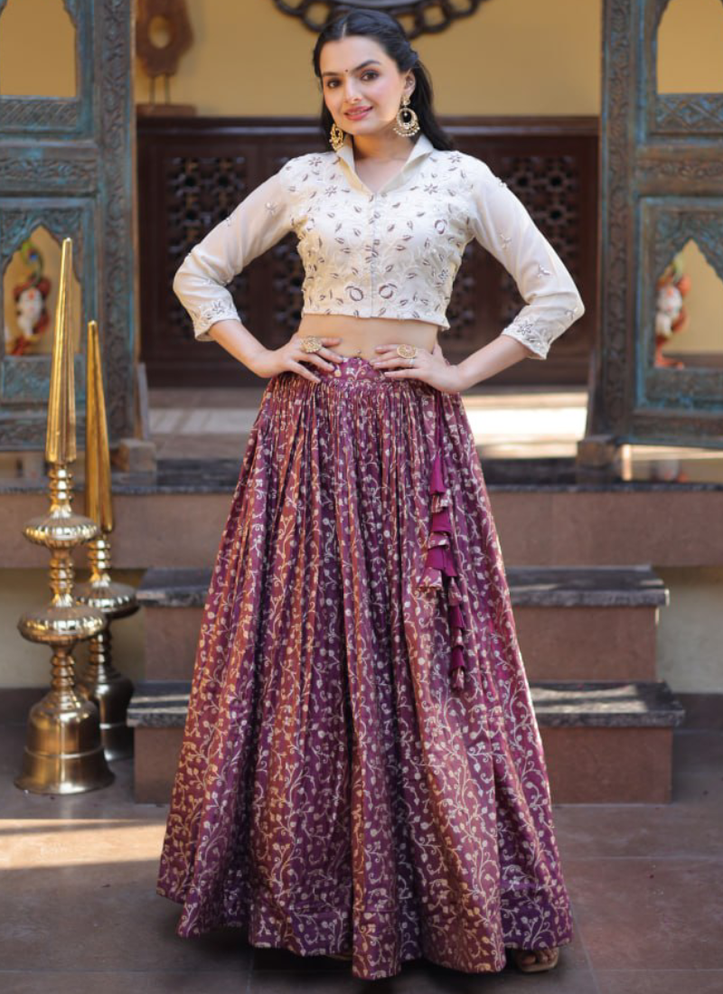 Fully Stitched Embroidery With Beads Work Wine Jacquard Lehenga Choli 