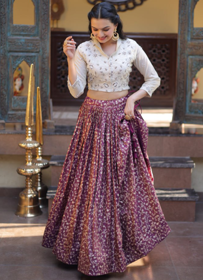 Fully Stitched Embroidery With Beads Work Wine Jacquard Lehenga Choli 