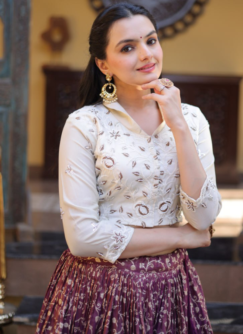 Fully Stitched Embroidery With Beads Work Wine Jacquard Lehenga Choli 