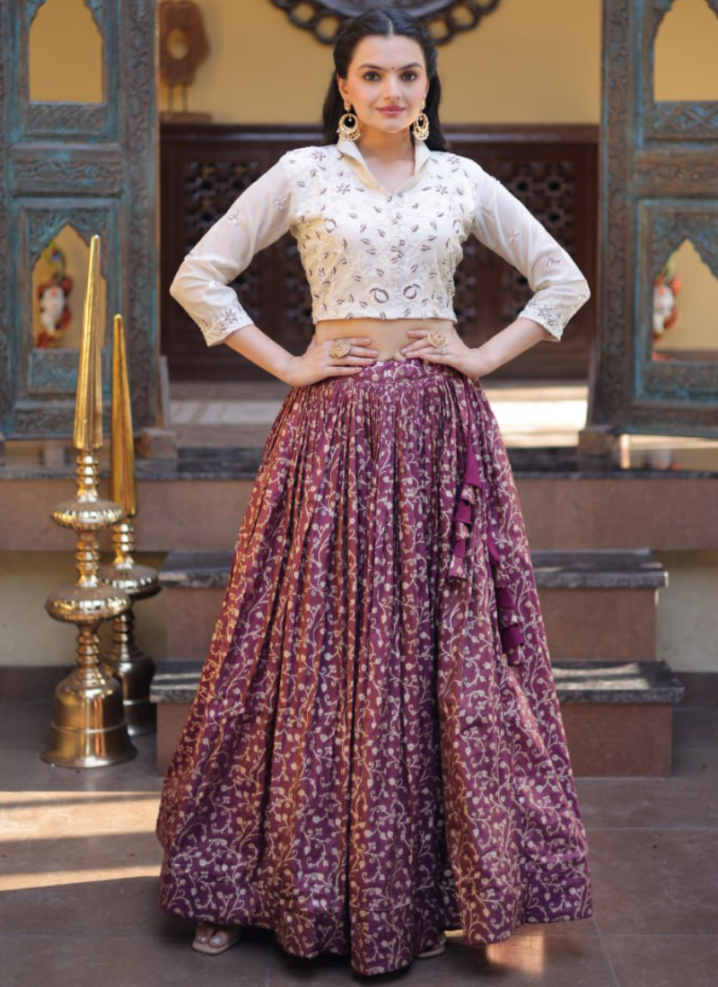 Fully Stitched Embroidery With Beads Work Wine Jacquard Lehenga Choli 