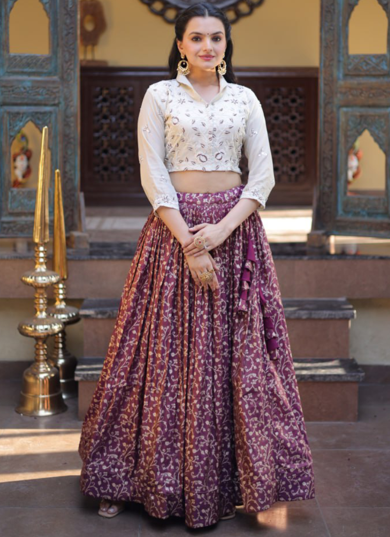 Fully Stitched Embroidery With Beads Work Wine Jacquard Lehenga Choli 