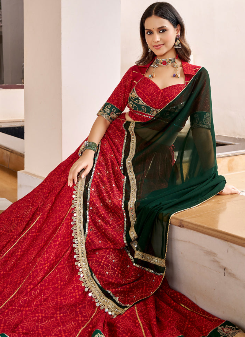 Fully Stitched Georgette Red Bandhani Print Chaniya Choli For Navratri