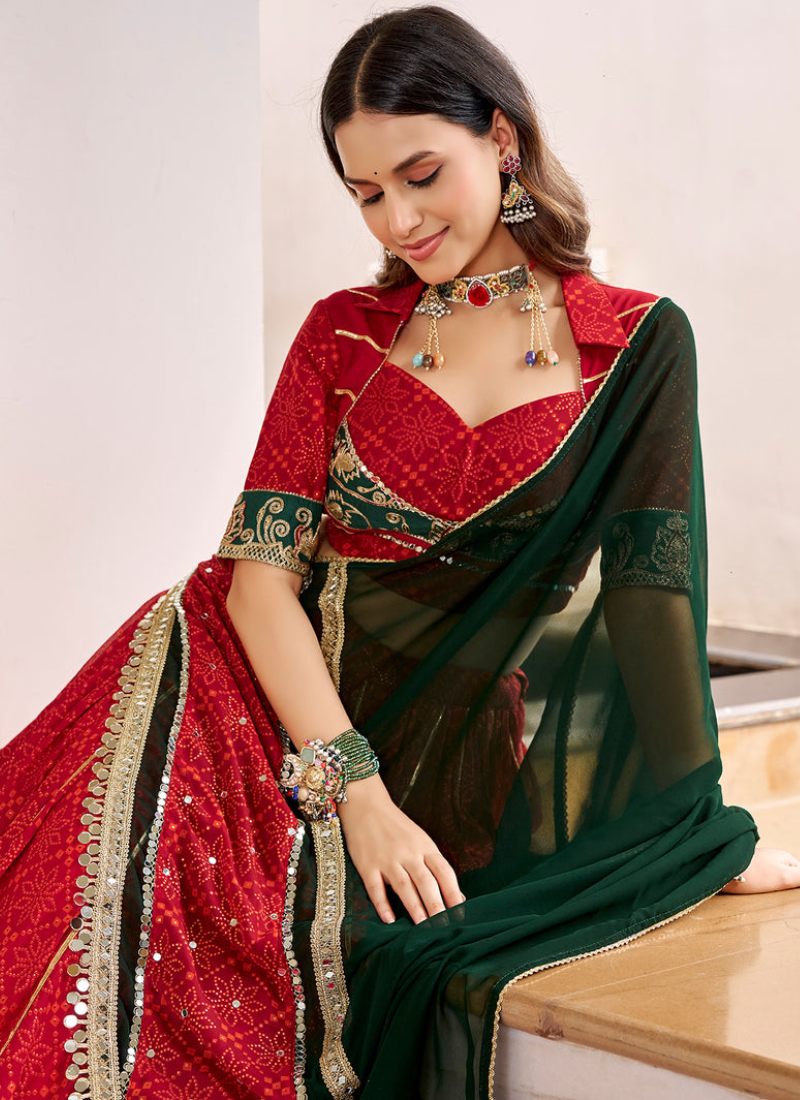 Fully Stitched Georgette Red Bandhani Print Chaniya Choli For Navratri