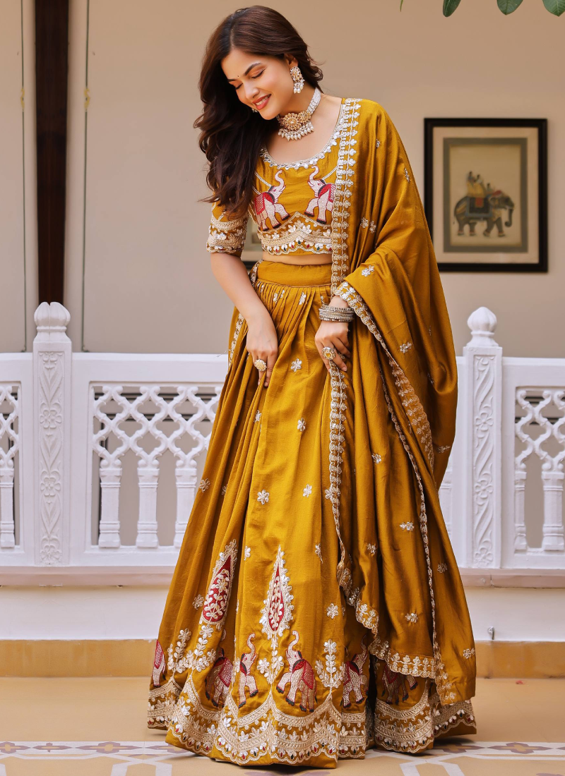 Fully Stitched Gota Patti embroidered Yellow Vichitra Silk Lehenga Set
