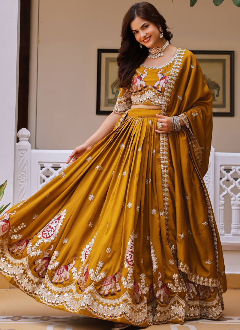 Fully Stitched Gota Patti embroidered Yellow Vichitra Silk Lehenga Set