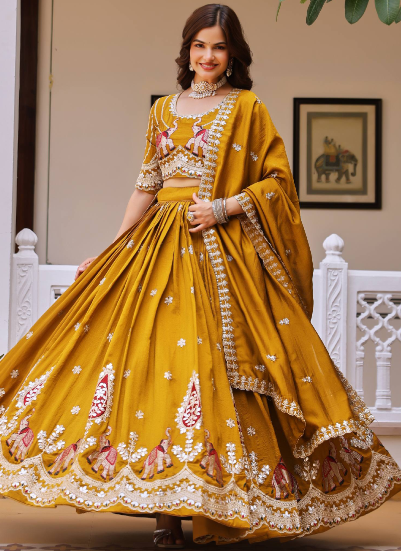 Fully Stitched Gota Patti embroidered Yellow Vichitra Silk Lehenga Set