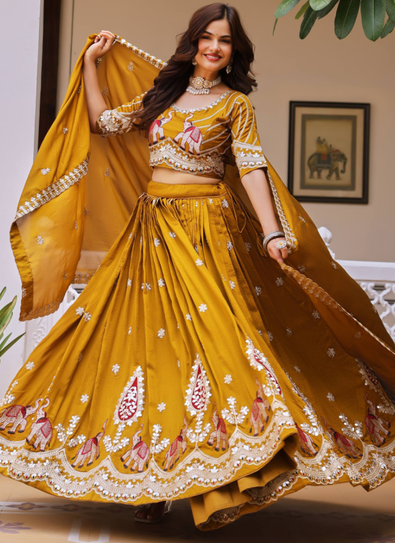 Fully Stitched Gota Patti embroidered Yellow Vichitra Silk Lehenga Set