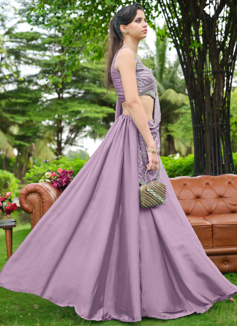 Fully Stitched Lavender Chinon Zari Sequence Beads Half Saree Lehenga