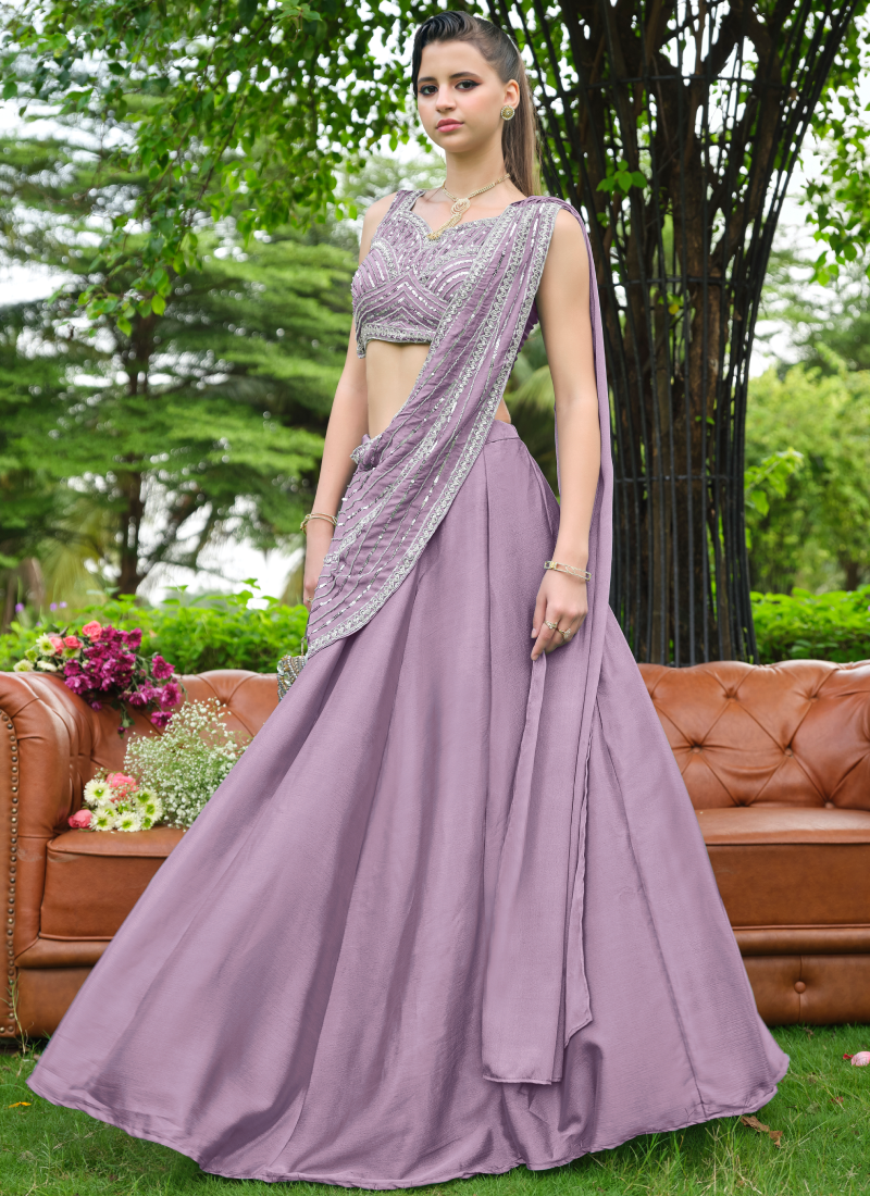 Fully Stitched Lavender Chinon Zari Sequence Beads Half Saree Lehenga