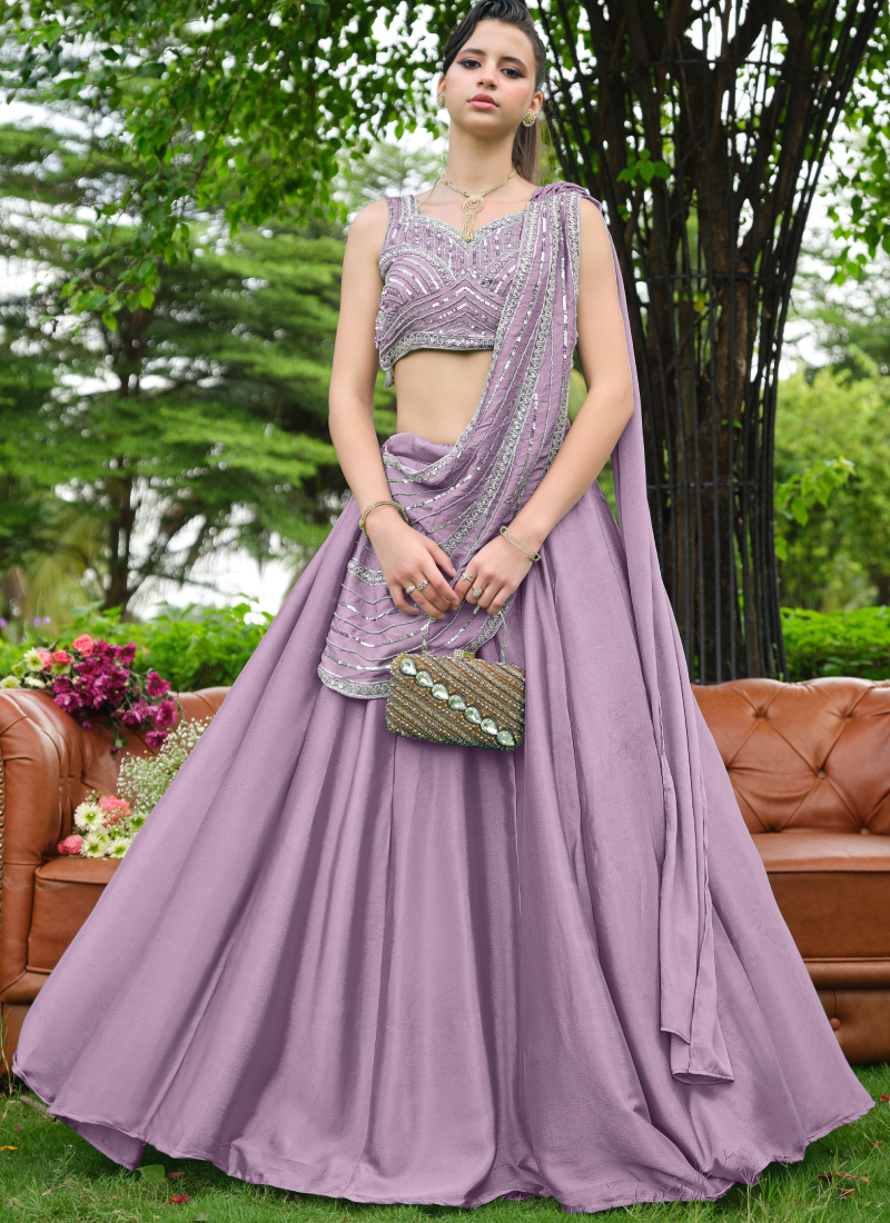 Fully Stitched Lavender Chinon Zari Sequence Beads Half Saree Lehenga