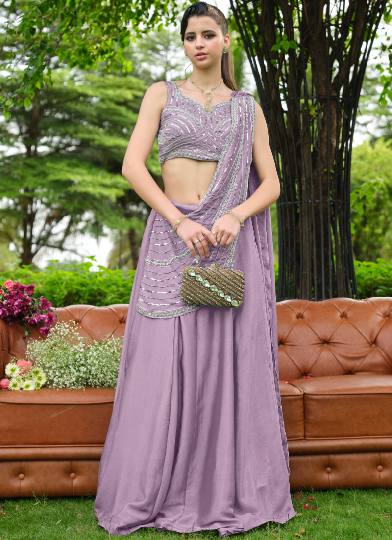 Fully Stitched Lavender Chinon Zari Sequence Beads Half Saree Lehenga