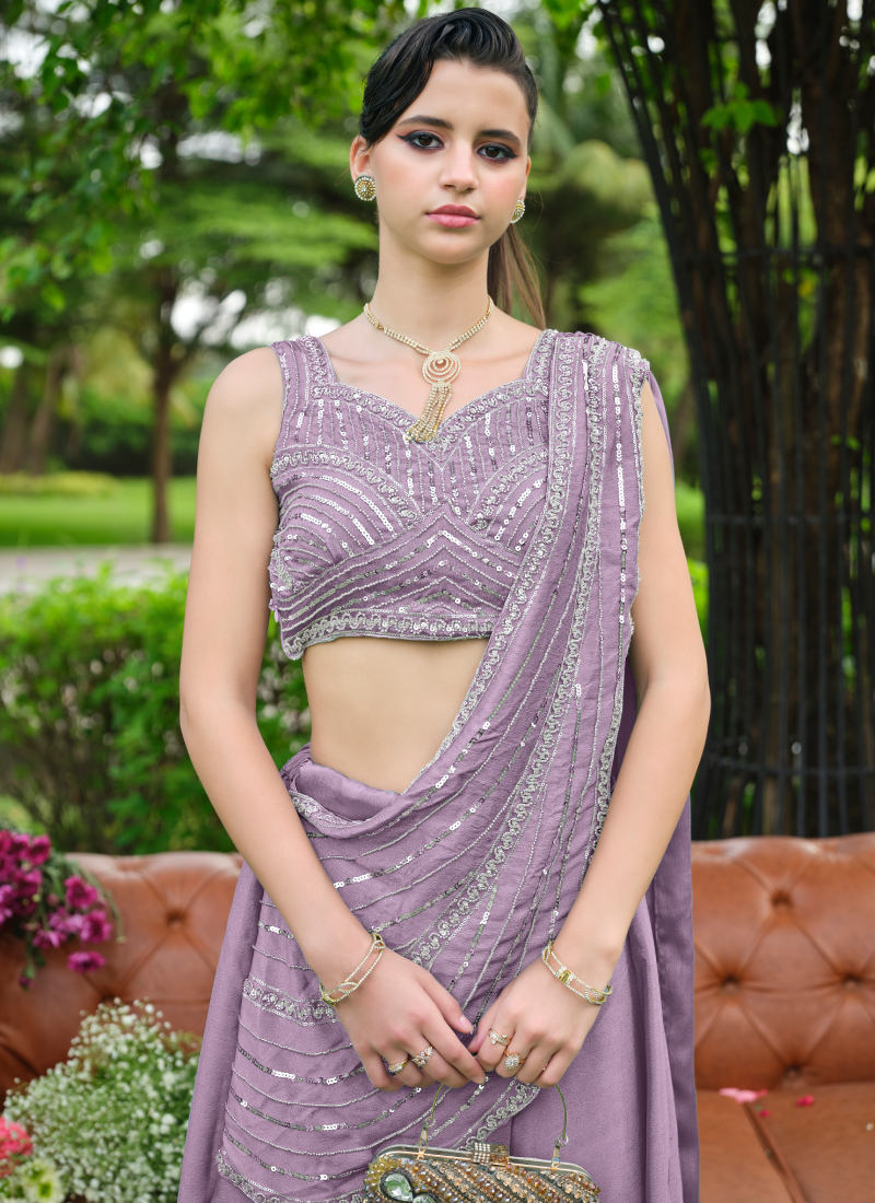 Fully Stitched Lavender Chinon Zari Sequence Beads Half Saree Lehenga