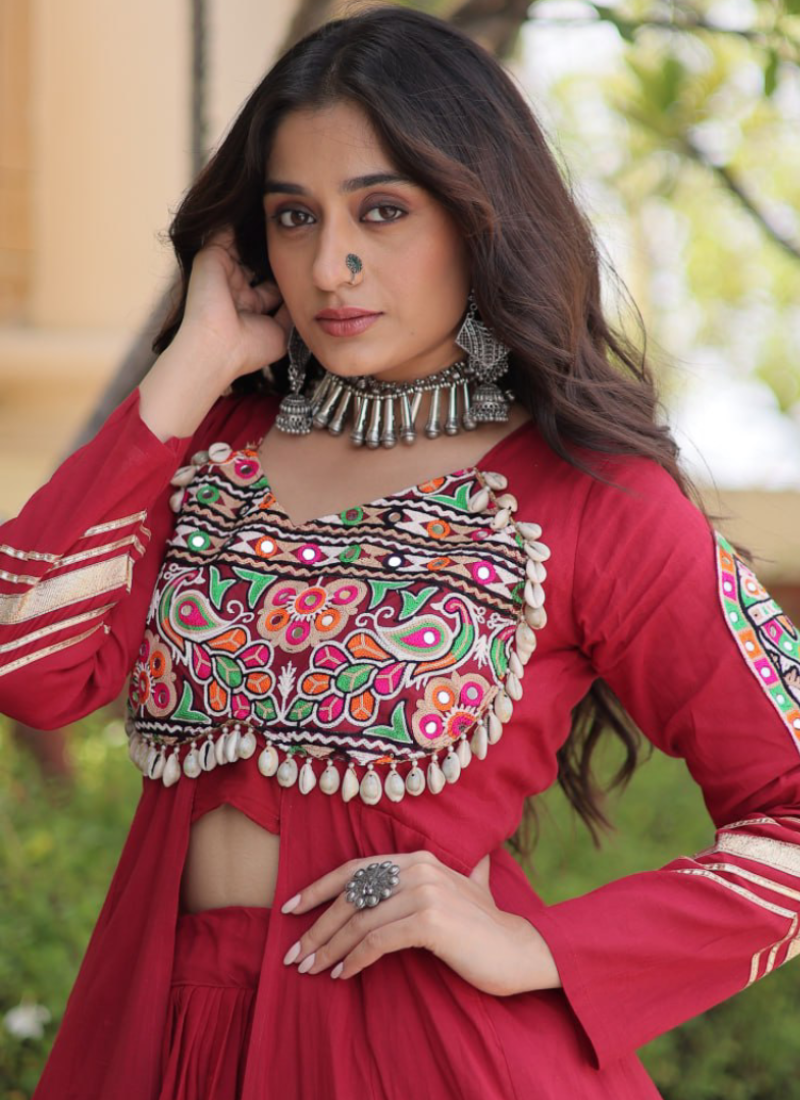 Fully Stitched Maroon Gamthi Thread Kora Cotton Lehenga With Shrug