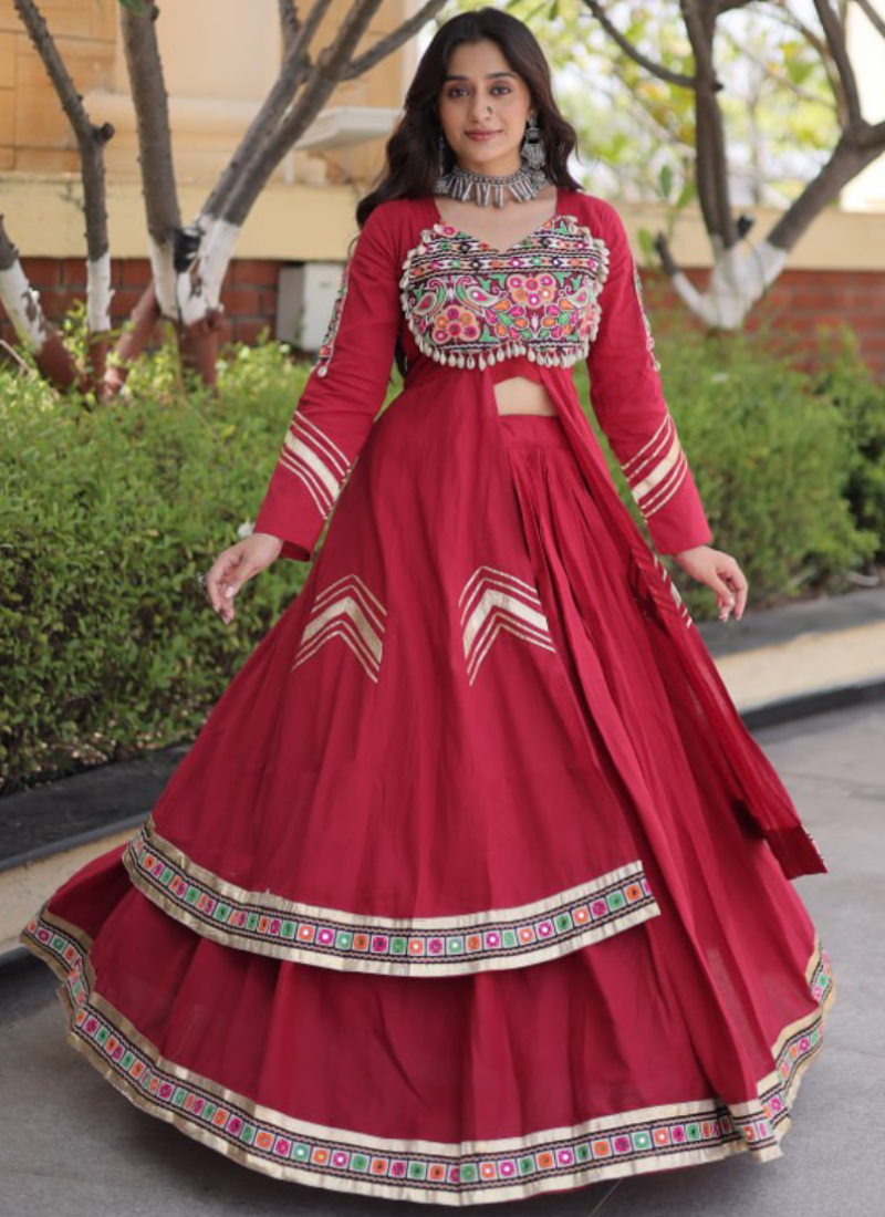 Fully Stitched Maroon Gamthi Thread Kora Cotton Lehenga With Shrug