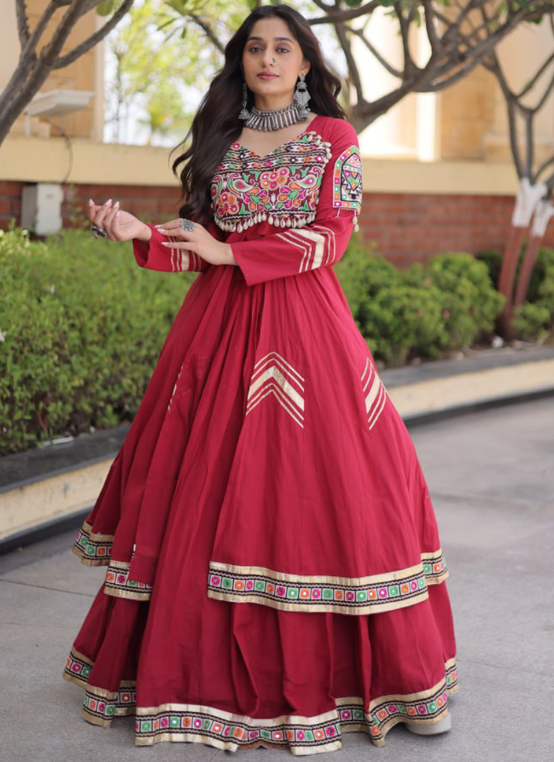 Fully Stitched Maroon Gamthi Thread Kora Cotton Lehenga With Shrug