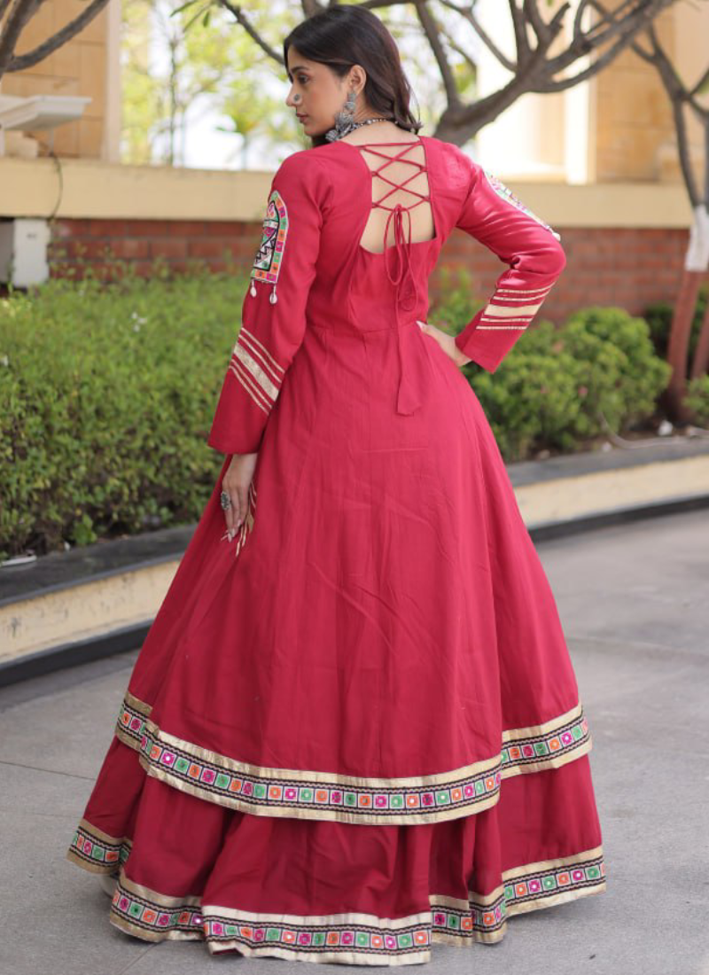 Fully Stitched Maroon Gamthi Thread Kora Cotton Lehenga With Shrug