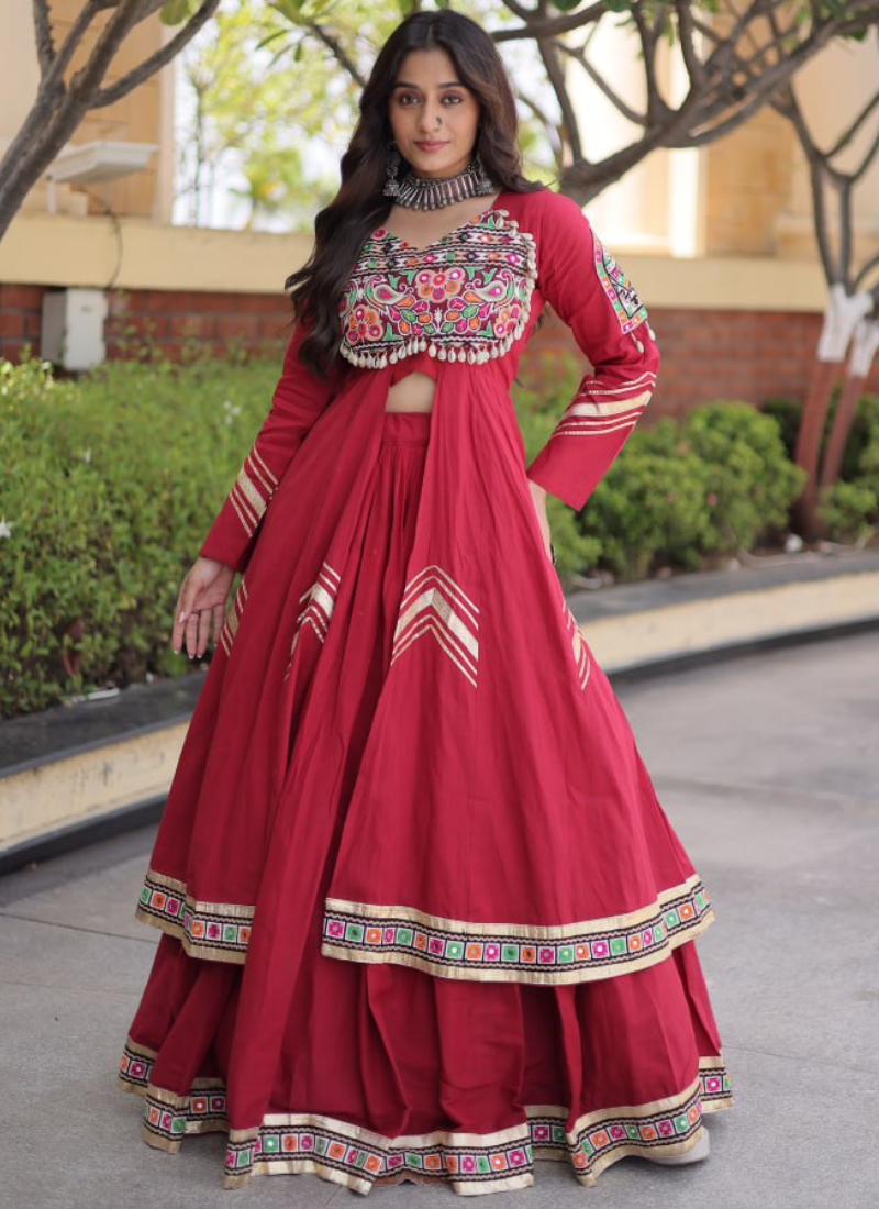 Fully Stitched Maroon Gamthi Thread Kora Cotton Lehenga With Shrug