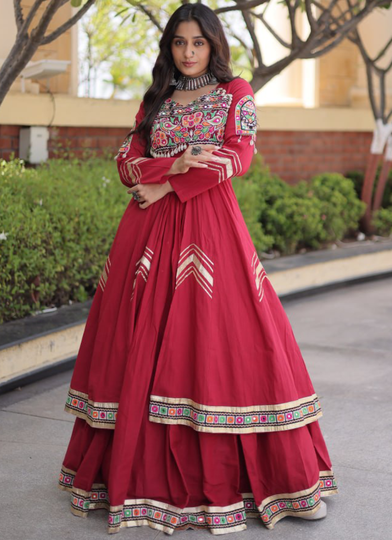 Fully Stitched Maroon Gamthi Thread Kora Cotton Lehenga With Shrug