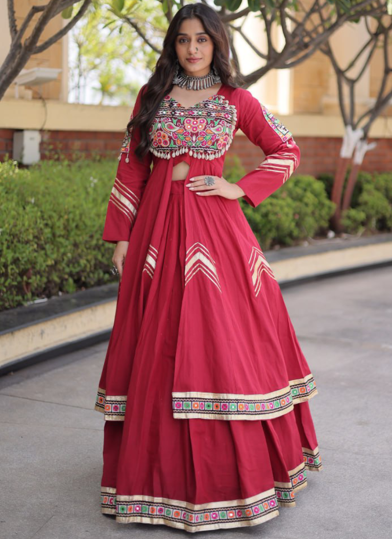 Fully Stitched Maroon Gamthi Thread Kora Cotton Lehenga With Shrug