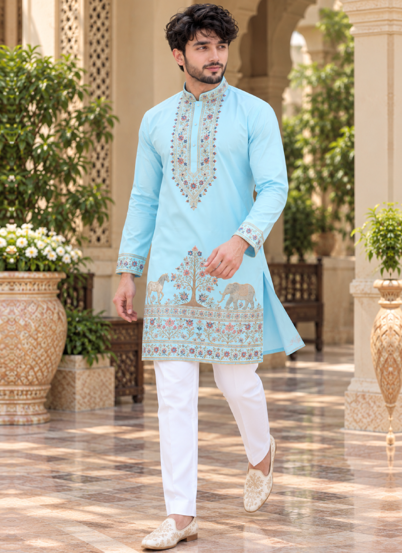 Fully Stitched Multi Thread Embroidered Coach Silk Sky Blue Kurta Set