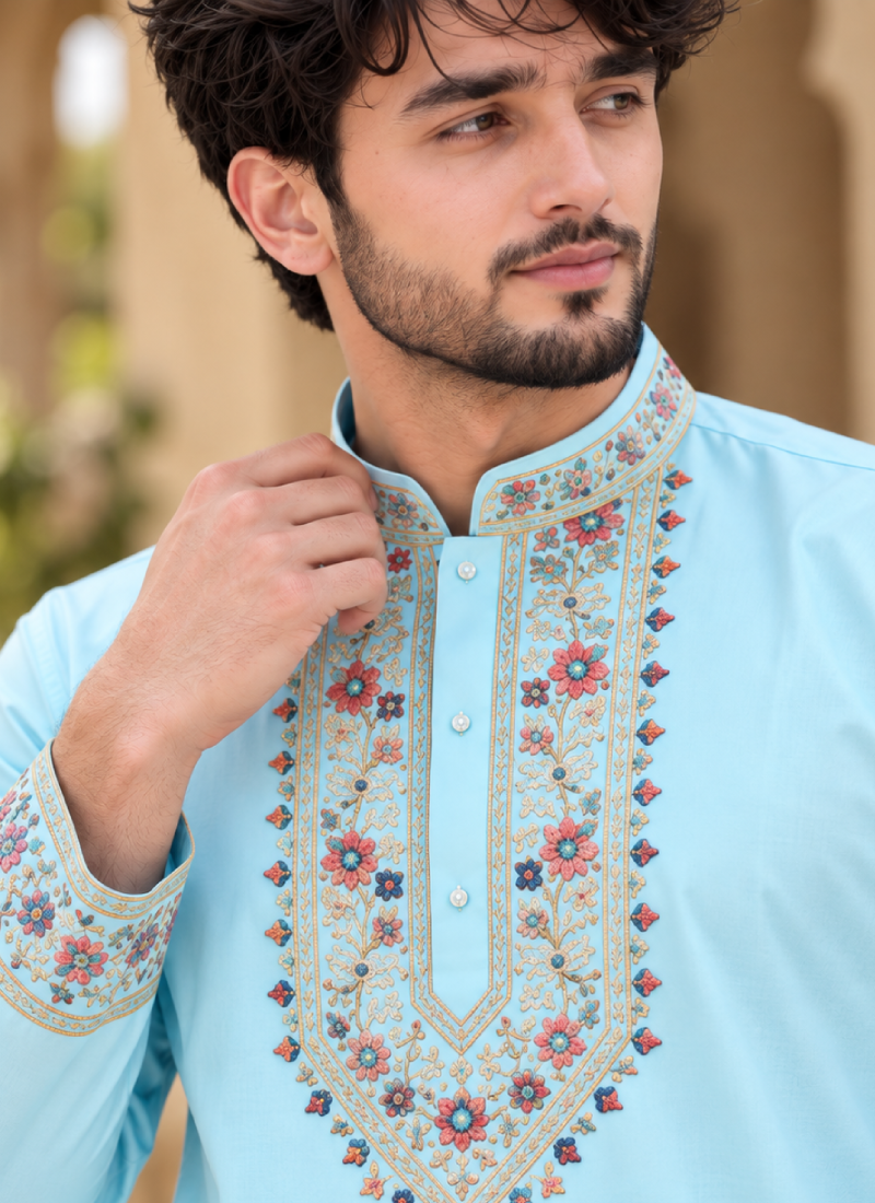Fully Stitched Multi Thread Embroidered Coach Silk Sky Blue Kurta Set