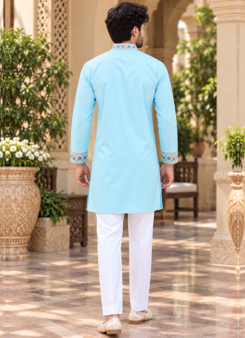 Fully Stitched Multi Thread Embroidered Coach Silk Sky Blue Kurta Set