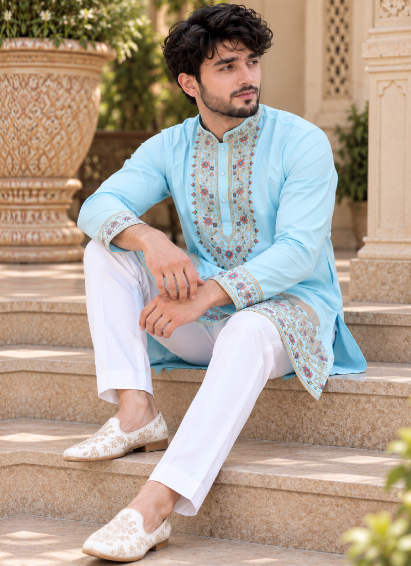 Fully Stitched Multi Thread Embroidered Coach Silk Sky Blue Kurta Set