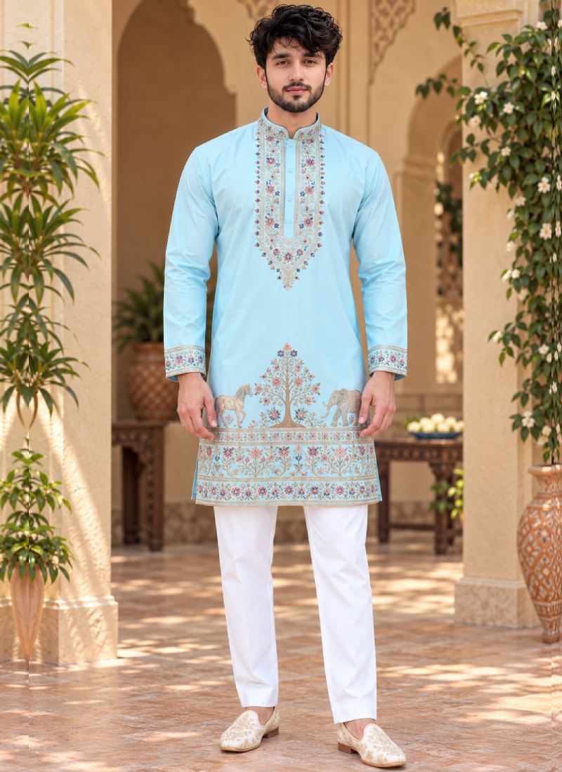 Fully Stitched Multi Thread Embroidered Coach Silk Sky Blue Kurta Set