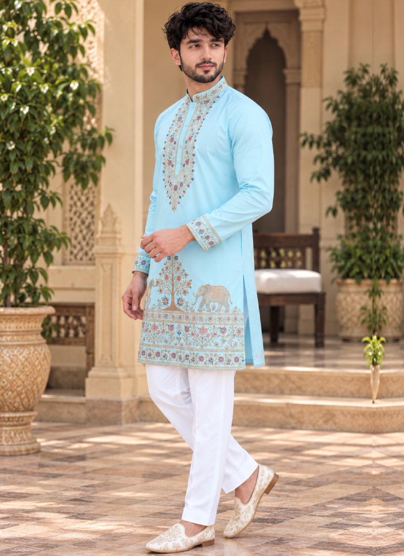Fully Stitched Multi Thread Embroidered Coach Silk Sky Blue Kurta Set
