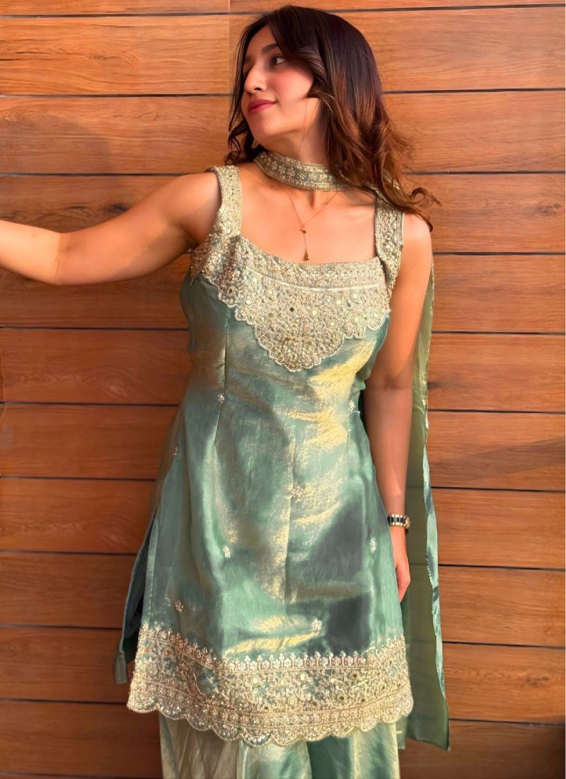 Fully Stitched Sea Green Fandy Silk sequence Embroidered Sharara Set