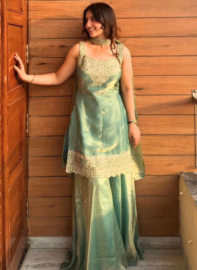 Fully Stitched Sea Green Fandy Silk sequence Embroidered Sharara Set