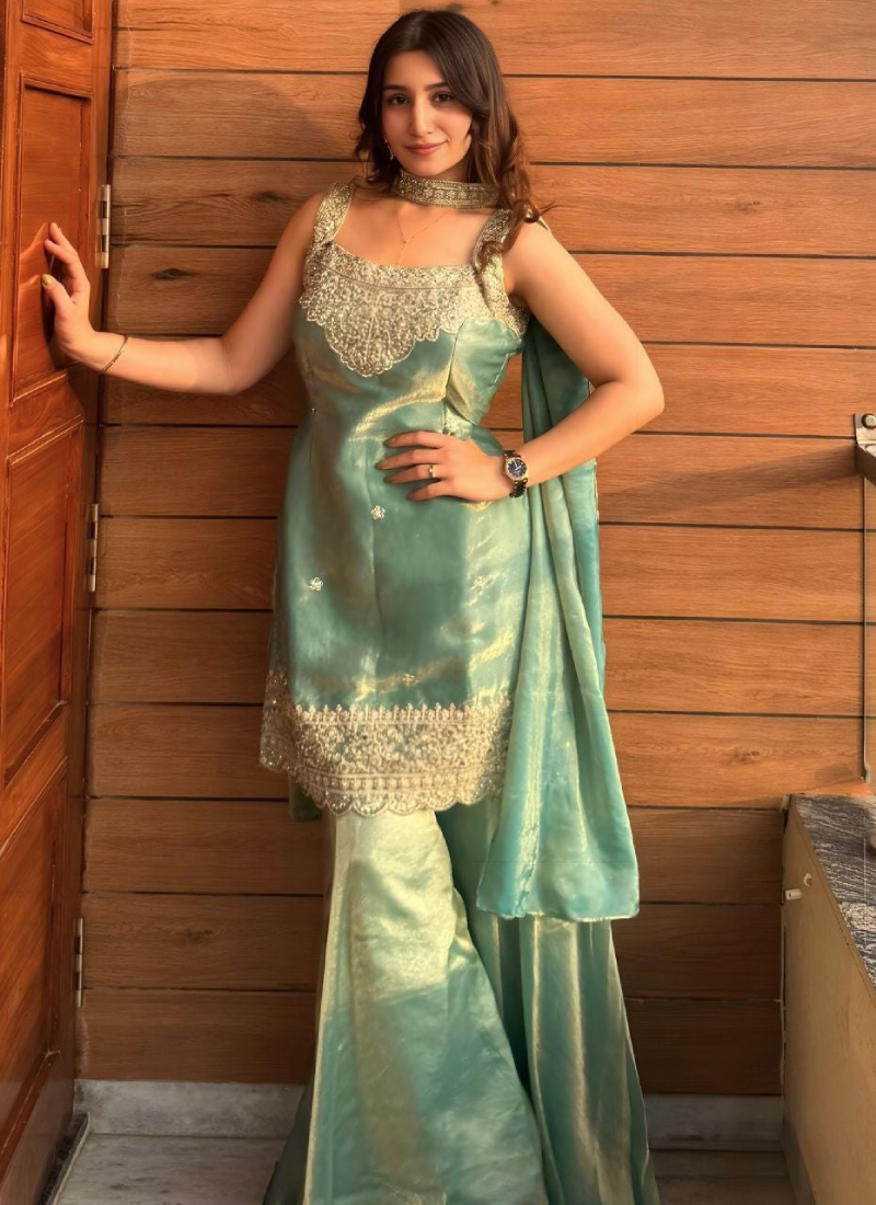 Fully Stitched Sea Green Fandy Silk sequence Embroidered Sharara Set
