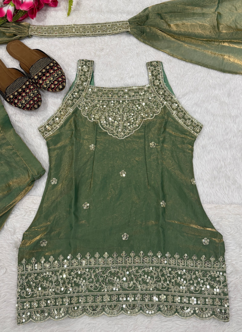 Fully Stitched Sea Green Fandy Silk sequence Embroidered Sharara Set