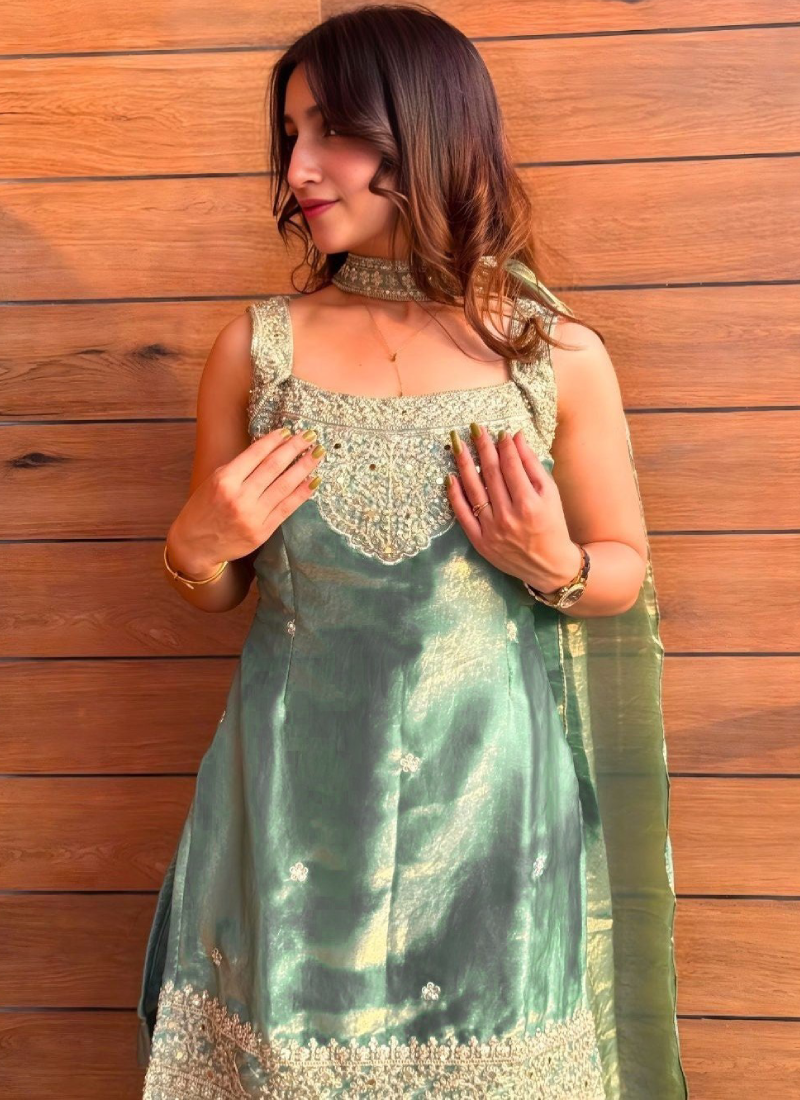 Fully Stitched Sea Green Fandy Silk sequence Embroidered Sharara Set