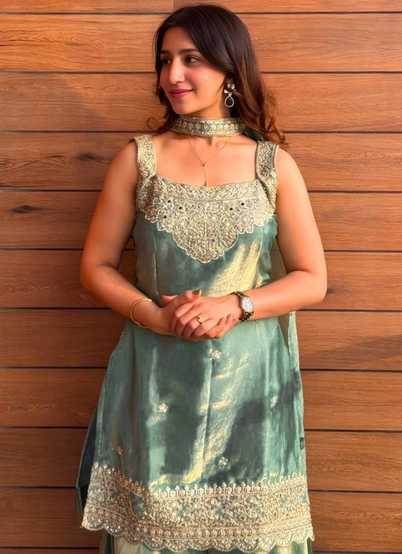 Fully Stitched Sea Green Fandy Silk sequence Embroidered Sharara Set