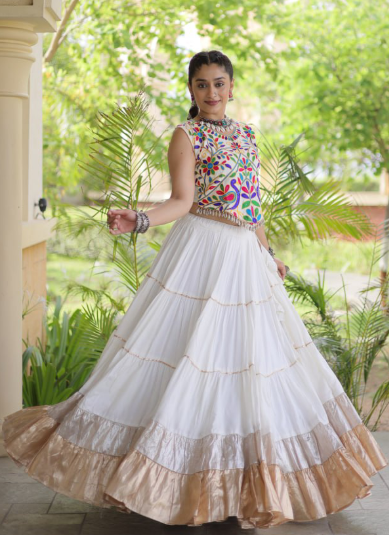 Fully Stitched White Rayon Kutchi Work Navratri Wear Ghagra Choli