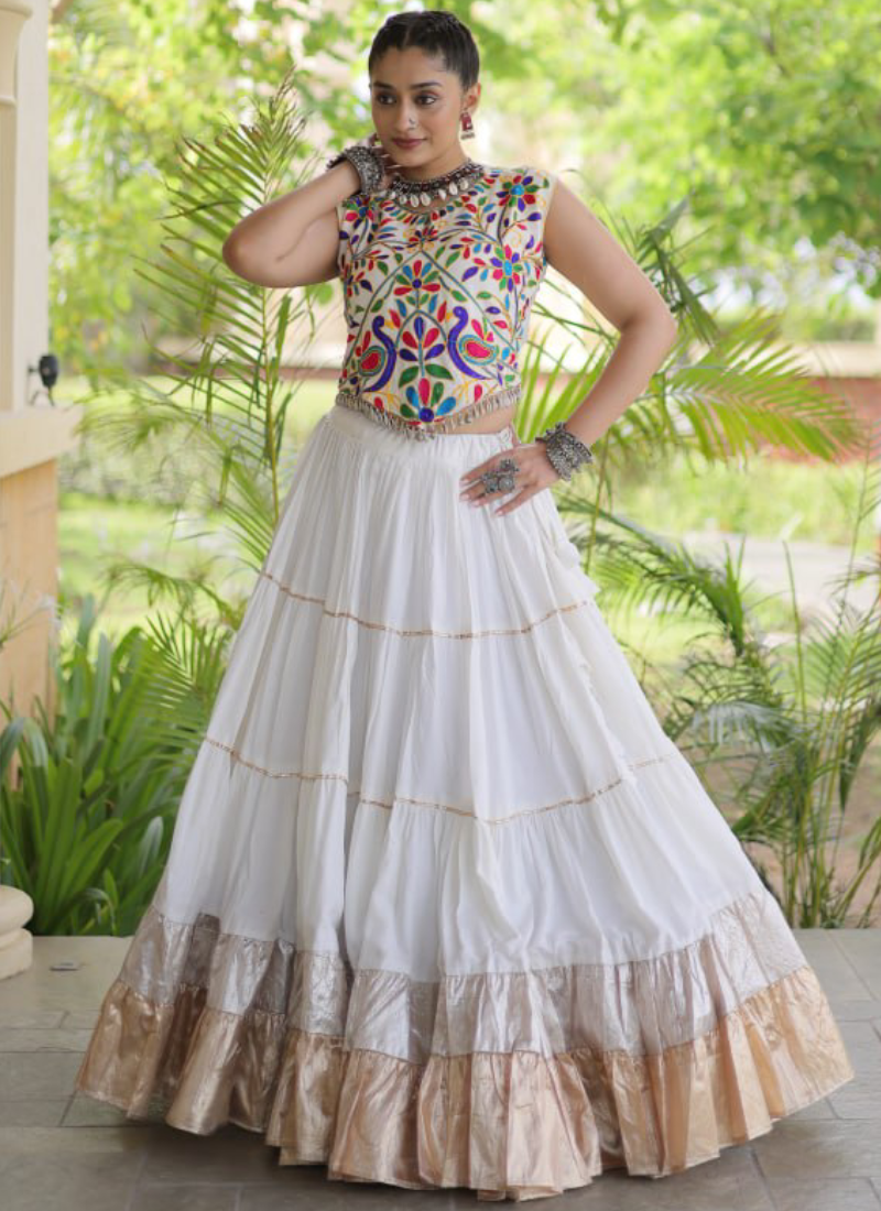 Fully Stitched White Rayon Kutchi Work Navratri Wear Ghagra Choli