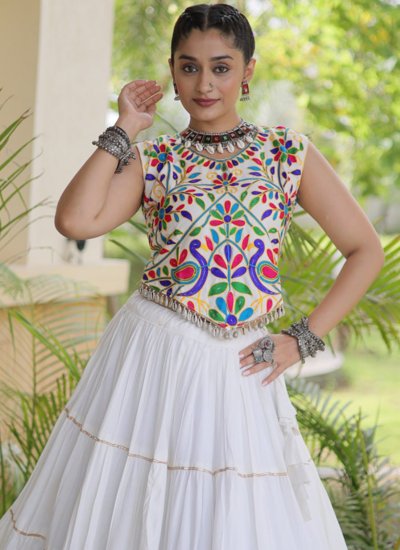 Fully Stitched White Rayon Kutchi Work Navratri Wear Ghagra Choli