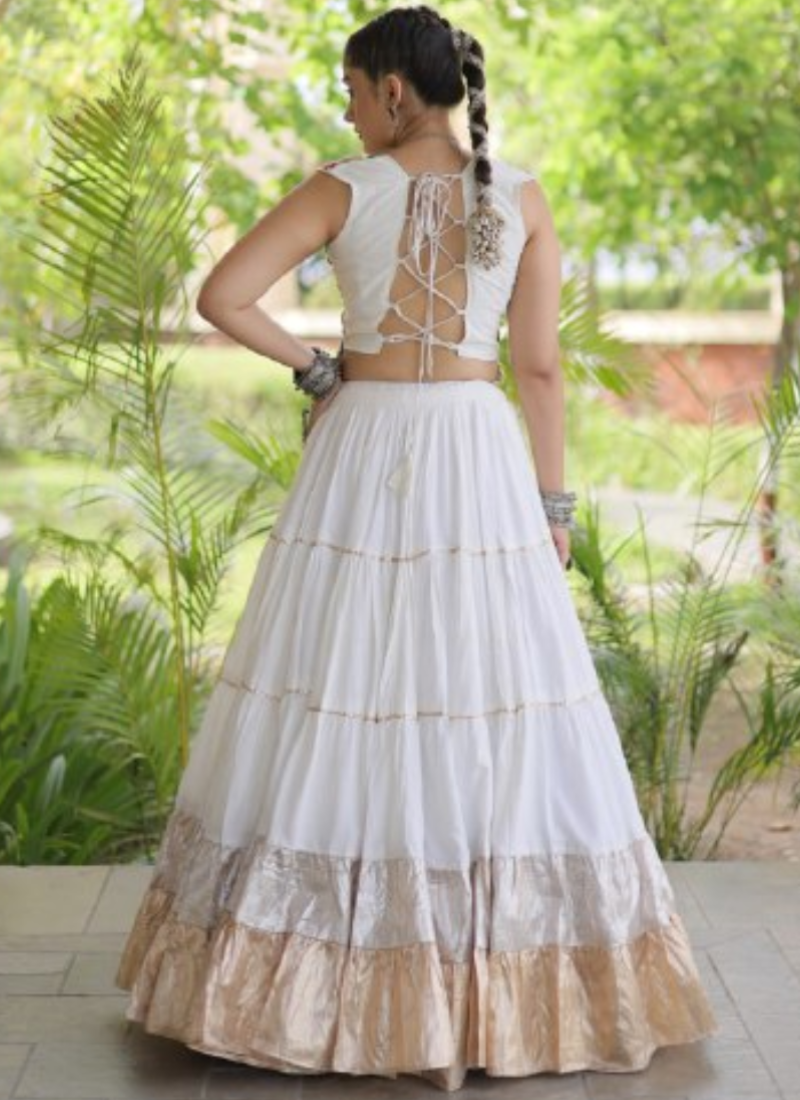 Fully Stitched White Rayon Kutchi Work Navratri Wear Ghagra Choli
