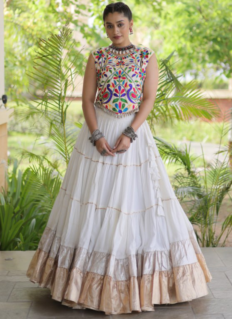 Fully Stitched White Rayon Kutchi Work Navratri Wear Ghagra Choli