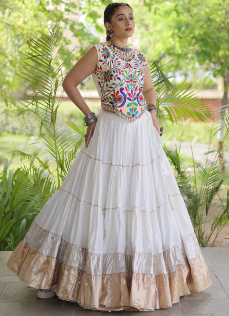 Fully Stitched White Rayon Kutchi Work Navratri Wear Ghagra Choli