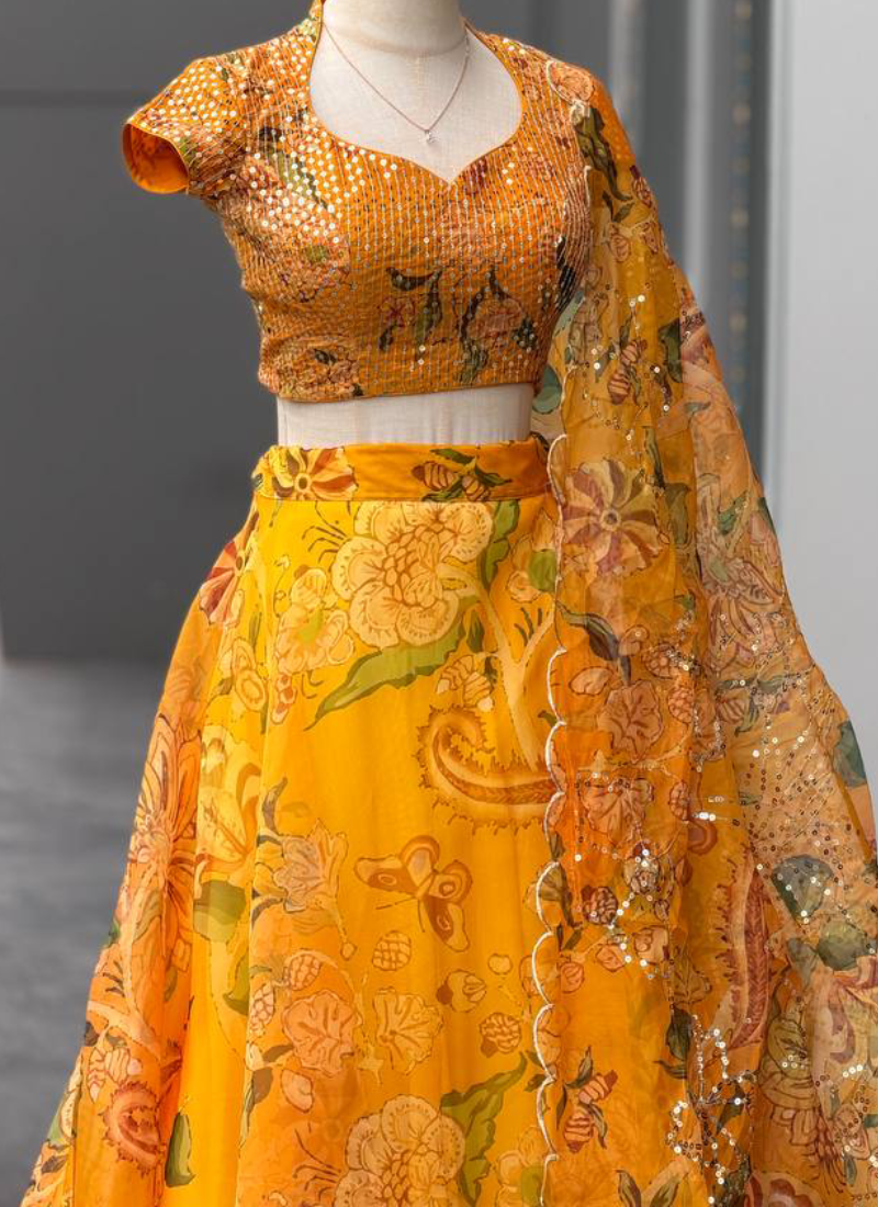 Fully Stitched Yellow Digital Printed embroidered Organza Lehenga Set