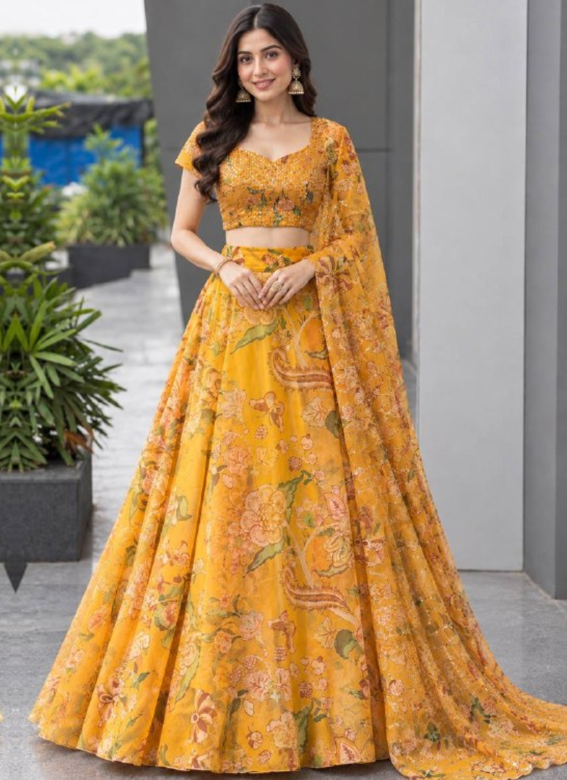 Fully Stitched Yellow Digital Printed embroidered Organza Lehenga Set