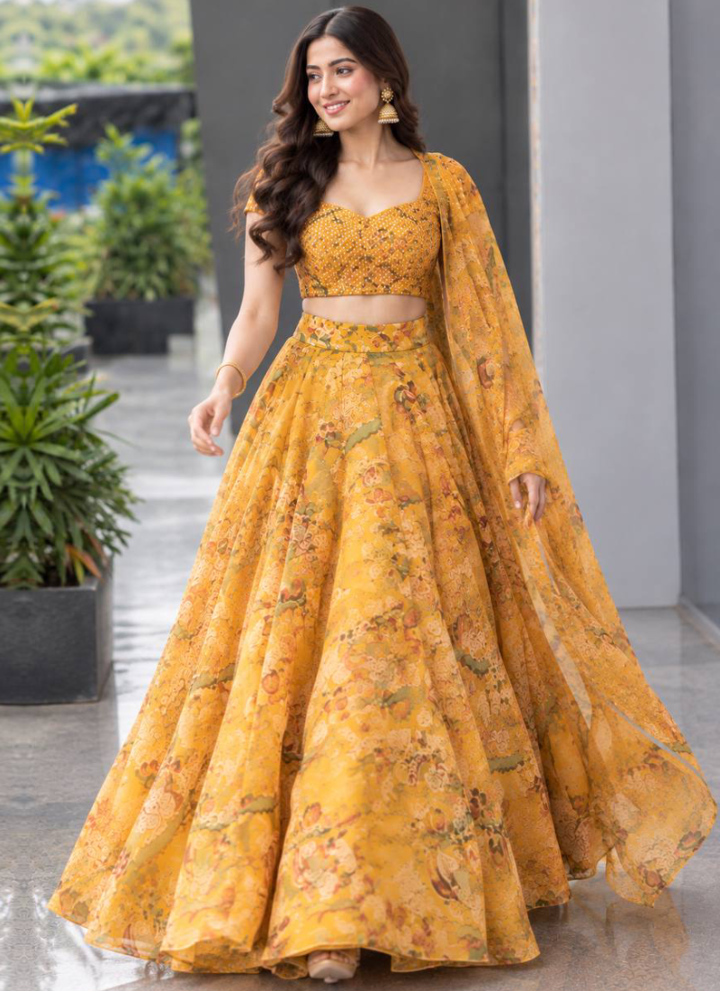 Fully Stitched Yellow Digital Printed embroidered Organza Lehenga Set